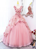 solvbao Pink Tulle Long Prom Dress with Flowers, Beautiful A-Line Sweet 16 Dress