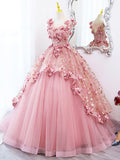 solvbao Pink Tulle Long Prom Dress with Flowers, Beautiful A-Line Sweet 16 Dress