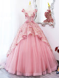 solvbao Pink Tulle Long Prom Dress with Flowers, Beautiful A-Line Sweet 16 Dress