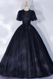 solvbao Black Tulle Lace Long A-Line Prom Dress, A-Line Short Sleeve Evening Gown