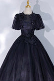 solvbao Black Tulle Lace Long A-Line Prom Dress, A-Line Short Sleeve Evening Gown