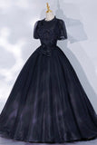 solvbao Black Tulle Lace Long A-Line Prom Dress, A-Line Short Sleeve Evening Gown