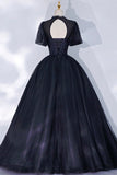 solvbao Black Tulle Lace Long A-Line Prom Dress, A-Line Short Sleeve Evening Gown