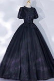 solvbao Black Tulle Lace Long A-Line Prom Dress, A-Line Short Sleeve Evening Gown