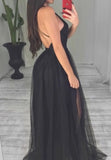 solvbao Black V-Neck Tulle Long Prom Dresses, A-Line Backless Evening Dresses