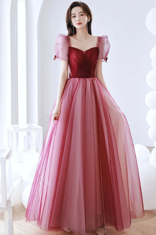 solvbao Burgundy Tulle Long Prom Dress, A-Line Short Sleeves Evening Dress