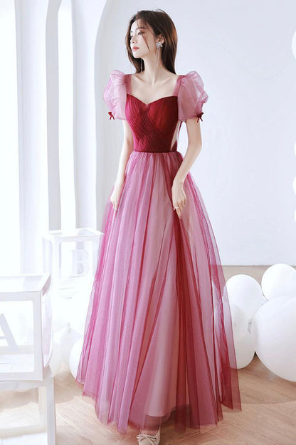 solvbao Burgundy Tulle Long Prom Dress, A-Line Short Sleeves Evening Dress