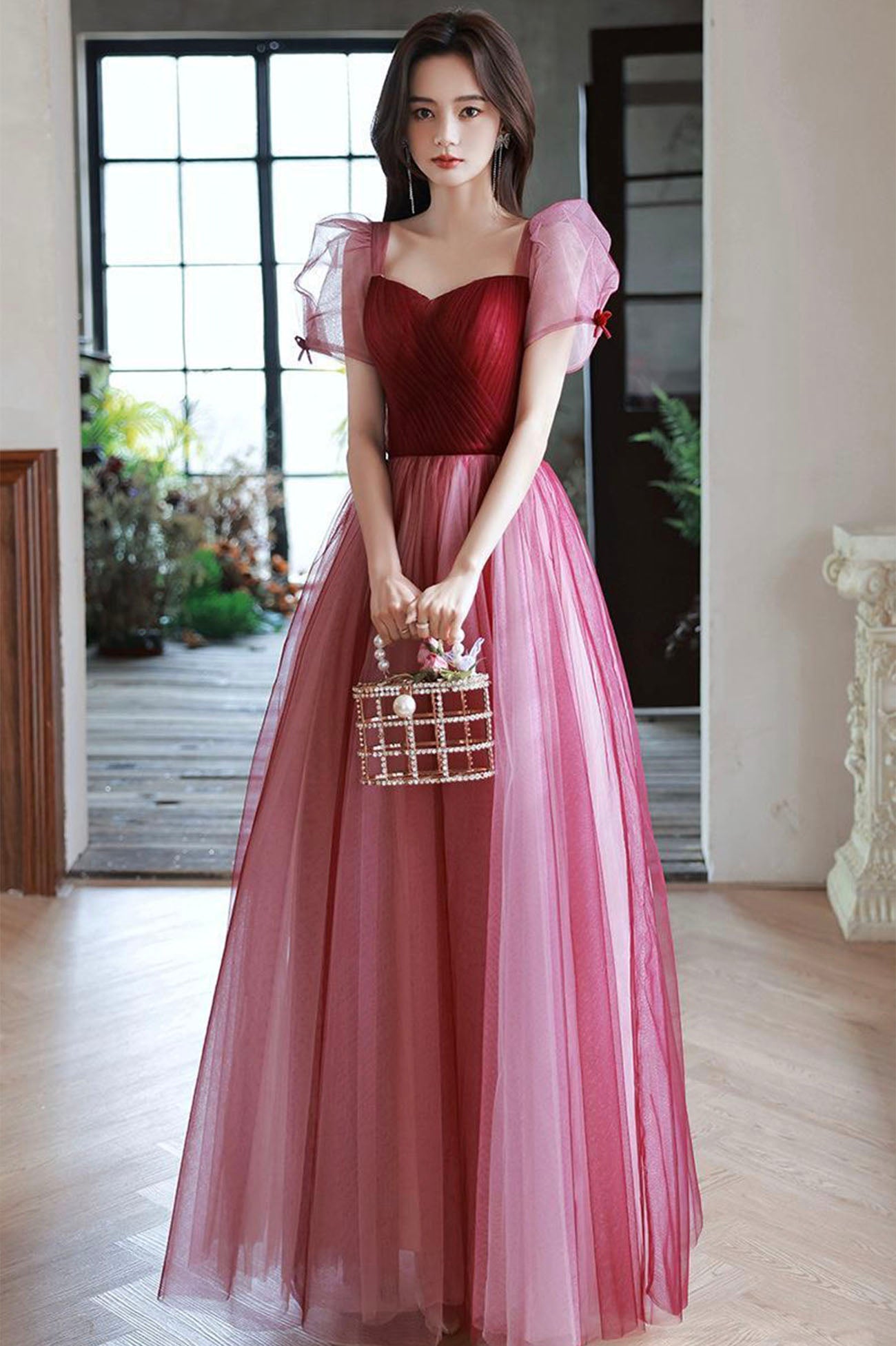 solvbao Burgundy Tulle Long Prom Dress, A-Line Short Sleeves Evening Dress