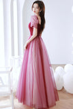 solvbao Burgundy Tulle Long Prom Dress, A-Line Short Sleeves Evening Dress