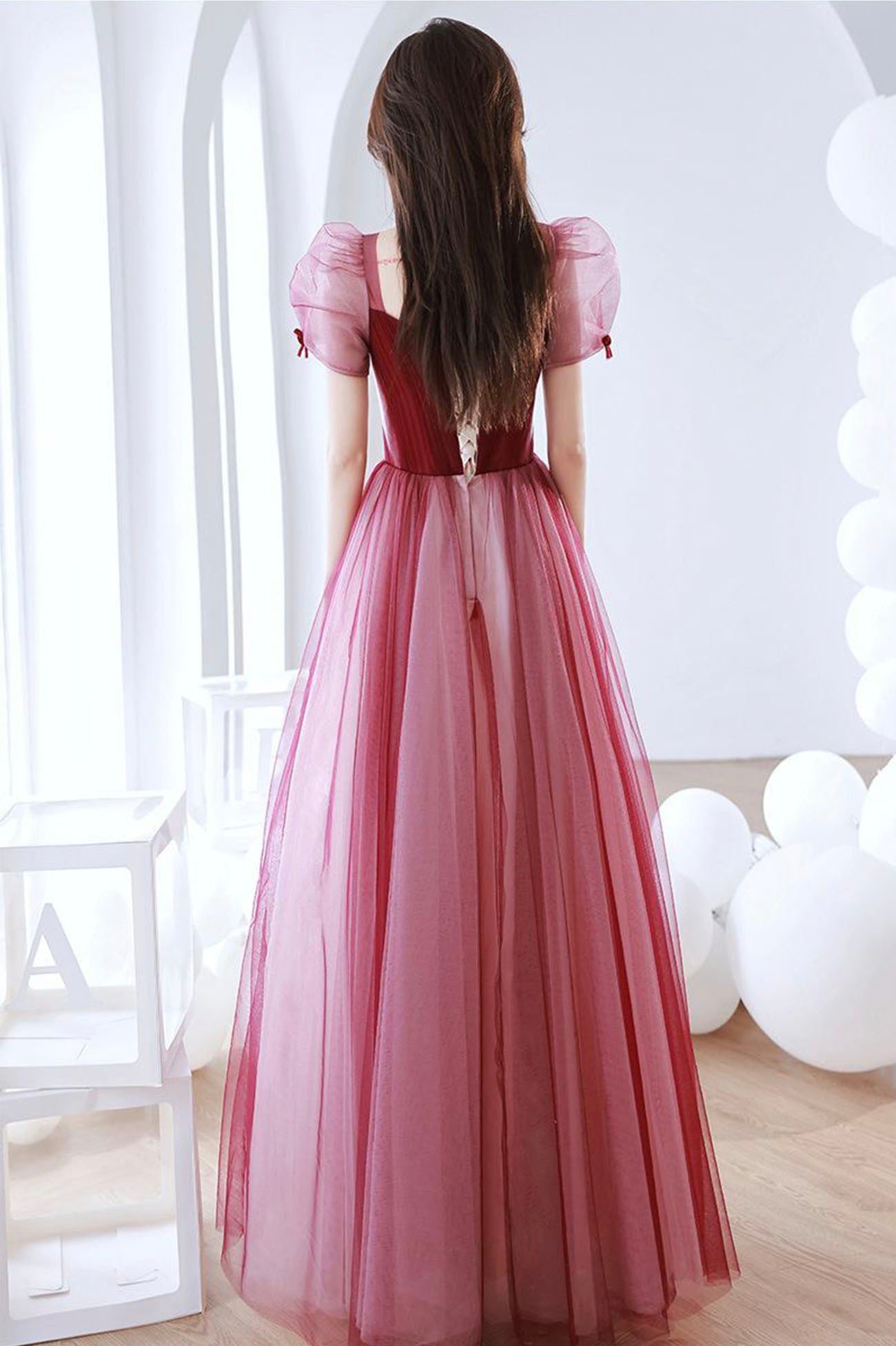 solvbao Burgundy Tulle Long Prom Dress, A-Line Short Sleeves Evening Dress