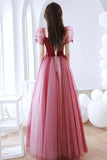 solvbao Burgundy Tulle Long Prom Dress, A-Line Short Sleeves Evening Dress