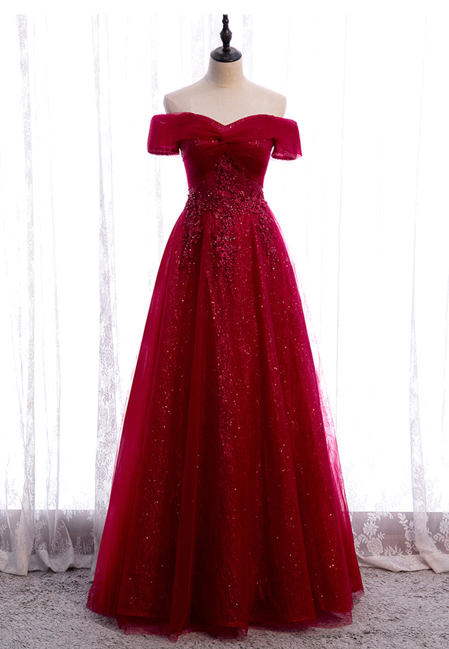 solvbao Burgundy Lace Long Prom Dresses, A-Line Off the Shoulder Evening Dresses