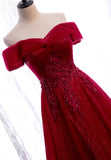 solvbao Burgundy Lace Long Prom Dresses, A-Line Off the Shoulder Evening Dresses