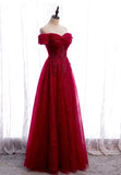 solvbao Burgundy Lace Long Prom Dresses, A-Line Off the Shoulder Evening Dresses