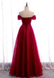 solvbao Burgundy Lace Long Prom Dresses, A-Line Off the Shoulder Evening Dresses