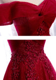 solvbao Burgundy Lace Long Prom Dresses, A-Line Off the Shoulder Evening Dresses