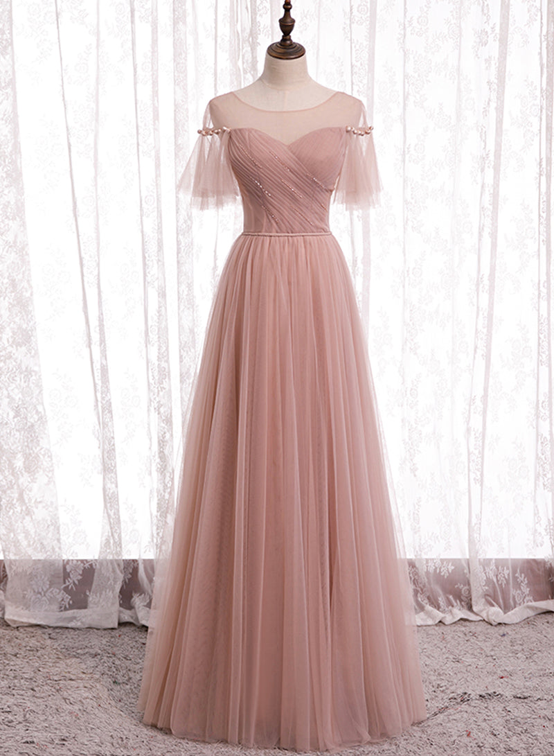 solvbao Pink Tulle Long Prom Dresses, A-Line Evening Party Dresses