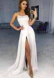 solvbao White Chiffon Long Prom Dresses, Simple Evening Dresses with Slit