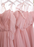 solvbao Pink Tulle Long Prom Dresses, A-Line Evening Dresses