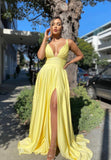 solvbao Yellow V-Neck Satin Long Prom Dresses, Simple A-Line Evening Dresses