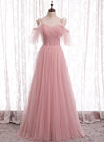 solvbao Pink Tulle Long Prom Dresses, A-Line Evening Dresses