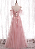 solvbao Pink Tulle Long Prom Dresses, A-Line Evening Dresses