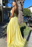 solvbao Yellow V-Neck Satin Long Prom Dresses, Simple A-Line Evening Dresses