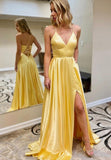 solvbao Yellow V-Neck Satin Long Prom Dresses, A-Line Evening Dresses