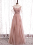 solvbao Pink Tulle Long Prom Dresses, A-Line Evening Party Dresses