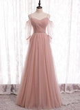 solvbao Pink Tulle Long Prom Dresses, A-Line Evening Party Dresses