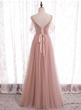 solvbao Pink Tulle Long Prom Dresses, A-Line Evening Party Dresses