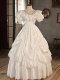 solvbao White V-Neck Satin Long Prom Dress, Lace Wedding Dress