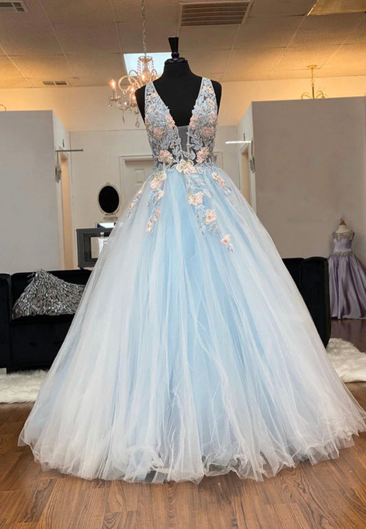 solvbao Blue V-Neck Lace Long Prom Dresses, A-Line Evening Dresses