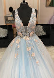 solvbao Blue V-Neck Lace Long Prom Dresses, A-Line Evening Dresses