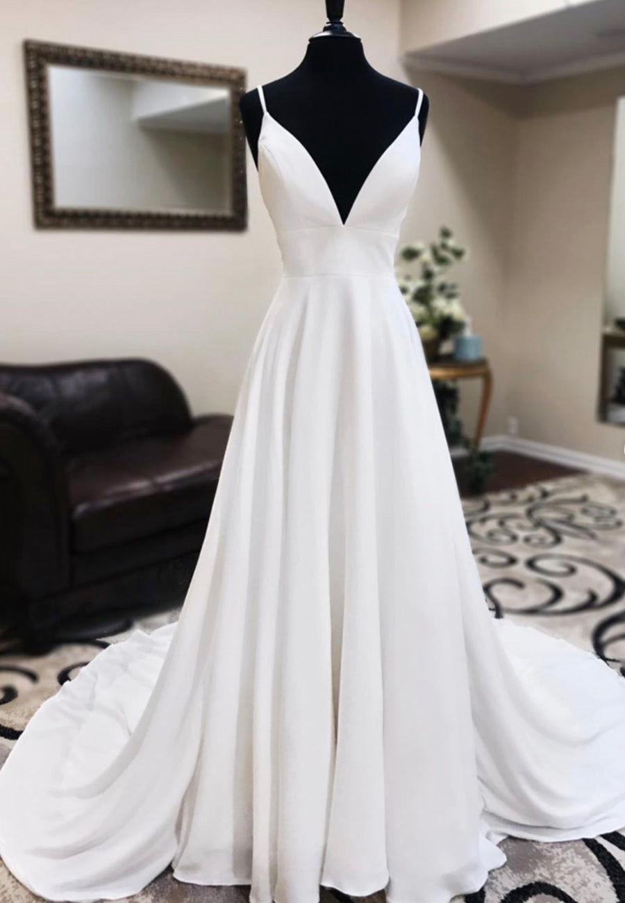 solvbao White V-Neck Long Prom Dresses, A-Line Lace Evening Dresses