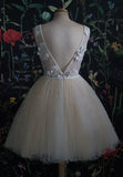 solvbao Champagne V-Neck Lace Short Prom Dresses, A-Line Mini Party Dresses