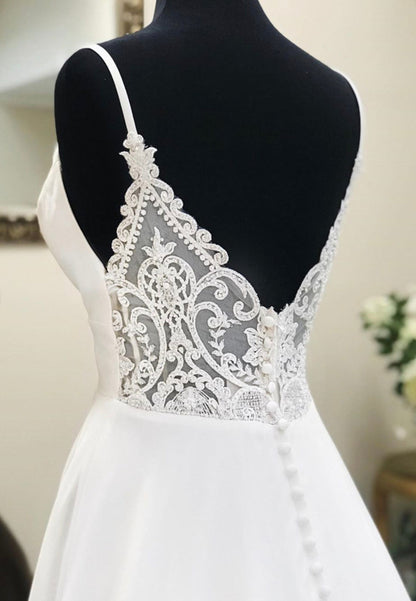 solvbao White V-Neck Long Prom Dresses, A-Line Lace Evening Dresses