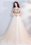 solvbao Champagne Lace Long Prom Dresses, A-Line Long Sleeve Evening Dresses