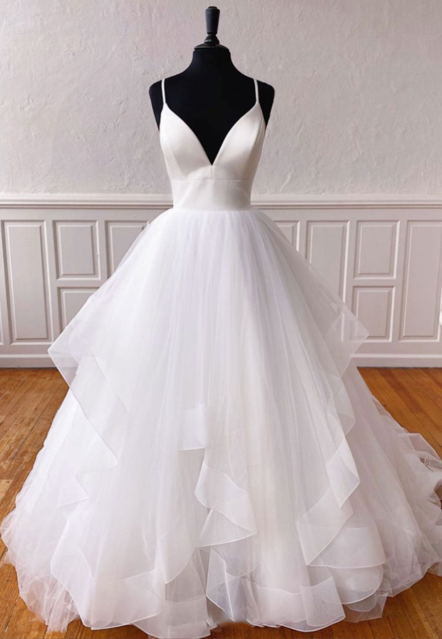 solvbao Plunging V-Neck Tulle Long Prom Dresses, White Evening Dresses