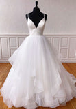 solvbao Plunging V-Neck Tulle Long Prom Dresses, White Evening Dresses