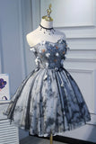 solvbao Gray Short Strapless Tulle Prom Dress, Cute A-Line Party Dress