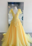 solvbao Yellow V-Neck Lace Long Prom Dresses, A-Line Evening Dresses