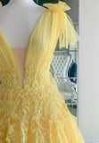 solvbao Yellow V-Neck Lace Long Prom Dresses, A-Line Evening Dresses