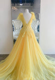 solvbao Yellow V-Neck Lace Long Prom Dresses, A-Line Evening Dresses