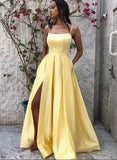 solvbao Yellow Satin Long Prom Dresses, Simple A-Line Evening Dresses