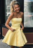 solvbao Yellow Satin Short Prom Dresses, A-Line Homecoming Dresses