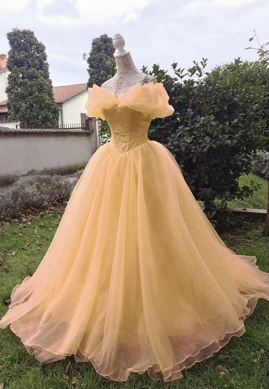 solvbao Yellow Tulle Long Prom Dresses, A-Line Evening Dresses