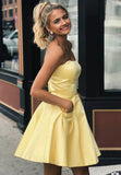 solvbao Yellow Satin Short Prom Dresses, A-Line Homecoming Dresses