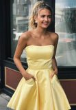 solvbao Yellow Satin Short Prom Dresses, A-Line Homecoming Dresses