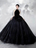 solvbao Black Halter Shiny Tulle Long Ball Gown, Black A-Line Backless Formal Dress